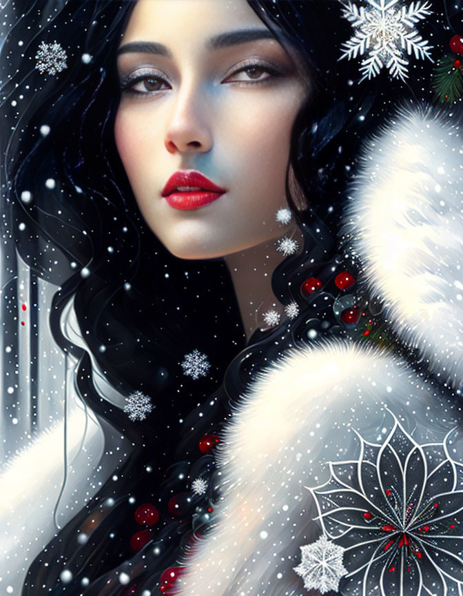 Digital art: Woman with dark hair and red lips in snowy winter scene