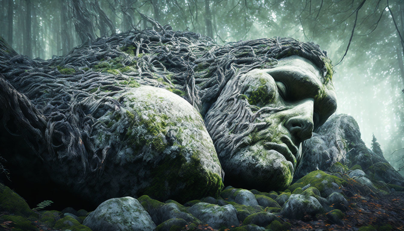 Gigantic stone face with root-like textures in misty forest