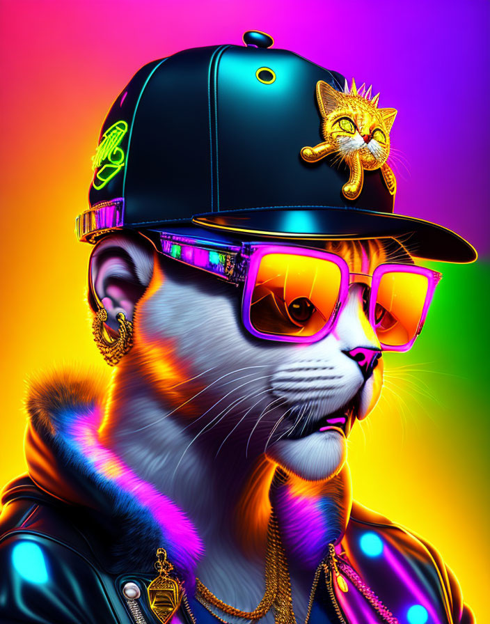 Cat with human-like features in sunglasses, cap, earrings, and chain on colorful background