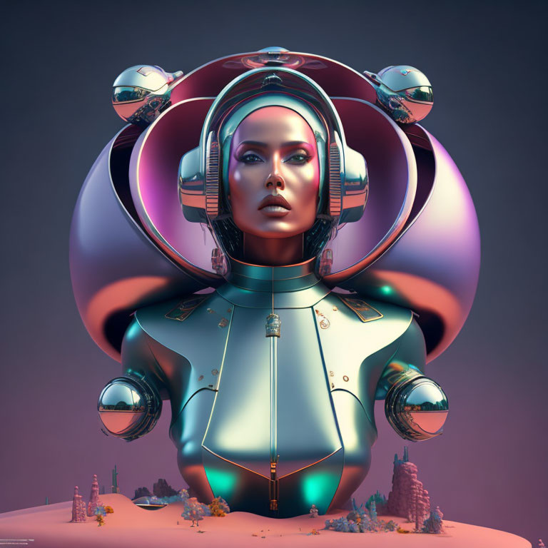 Futuristic female android in reflective helmet and intricate suit on purple backdrop