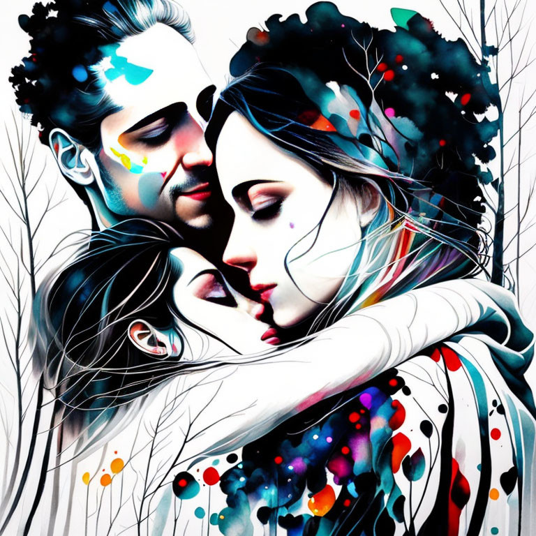 Vibrant illustration of romantic embrace with abstract elements