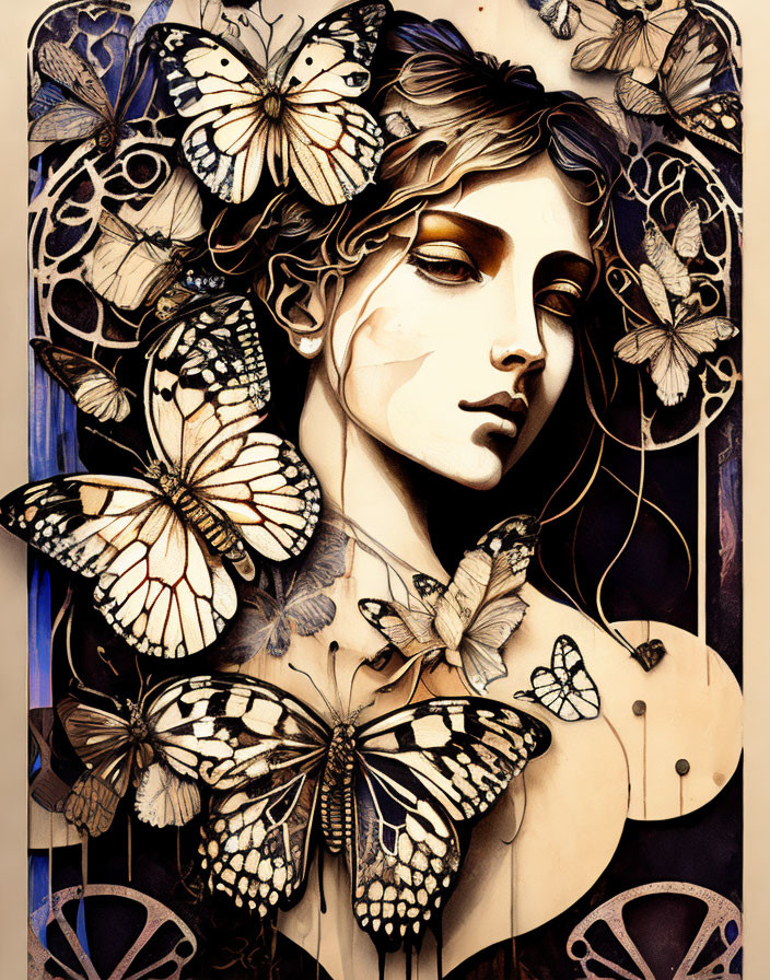 Detailed butterfly-themed woman's face illustration in warm and dark colors