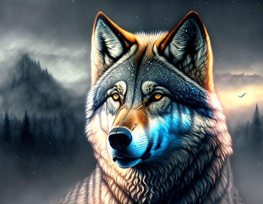 Detailed Wolf Face Digital Art in Multi-colored Fur Amid Misty Forest & Starry Sky