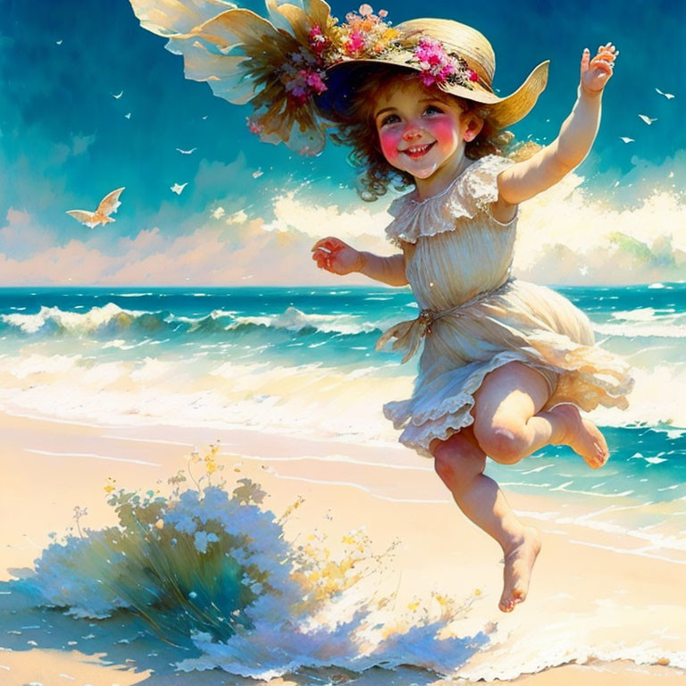 Young girl in flower hat leaps on sunny beach with crashing waves and flying seagulls