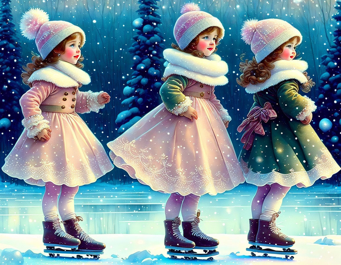 Illustrated girls ice skating in pink winter dresses and white hats among snowflakes.