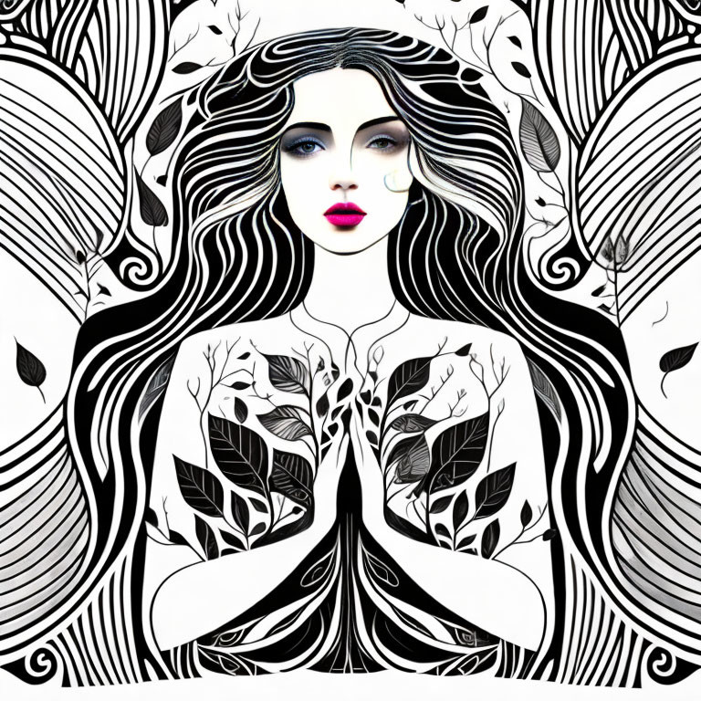 Monochrome woman portrait with floral patterns and blue lips