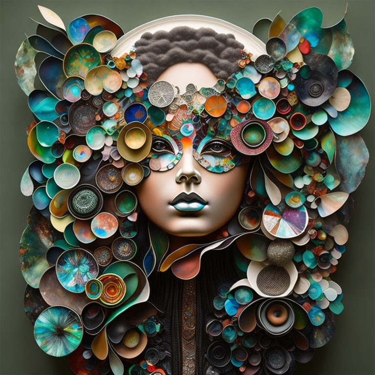 Colorful surreal portrait of woman with halo in intricate circular mosaic.