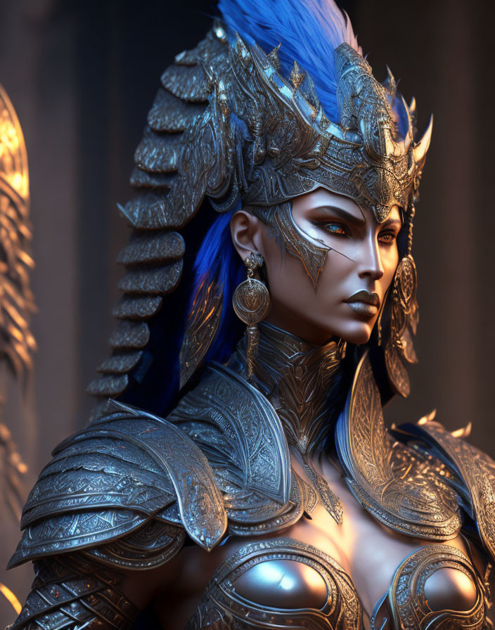 Fantasy female figure in blue hair and intricate armor portrait.