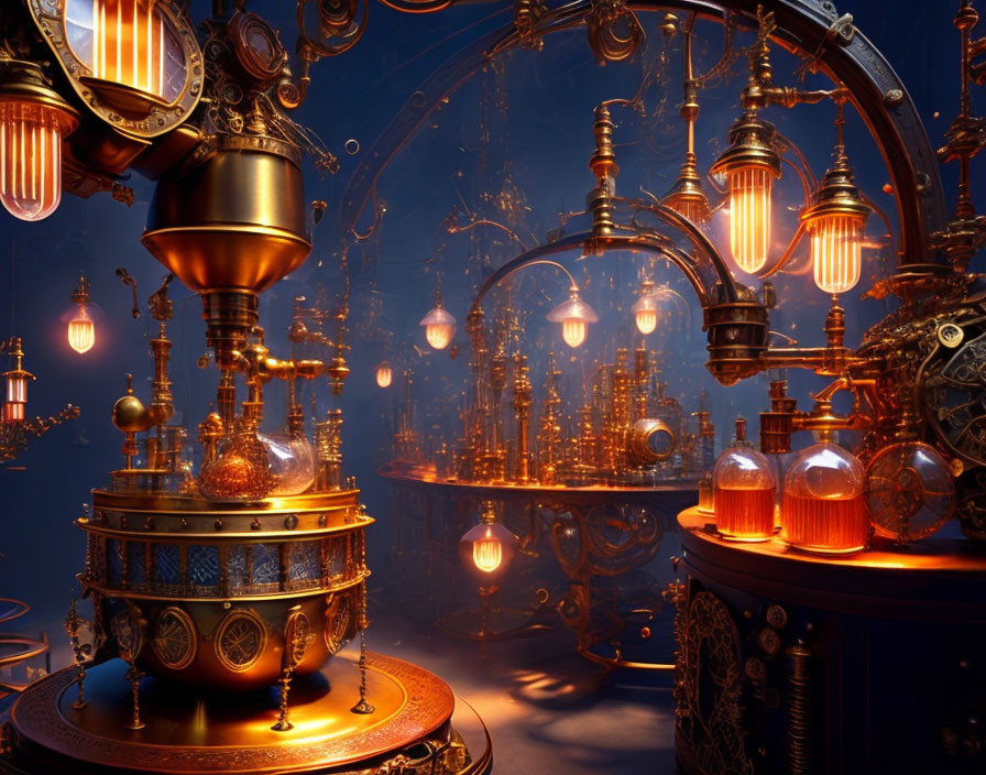 Steampunk laboratory with brass machines and glowing bulbs