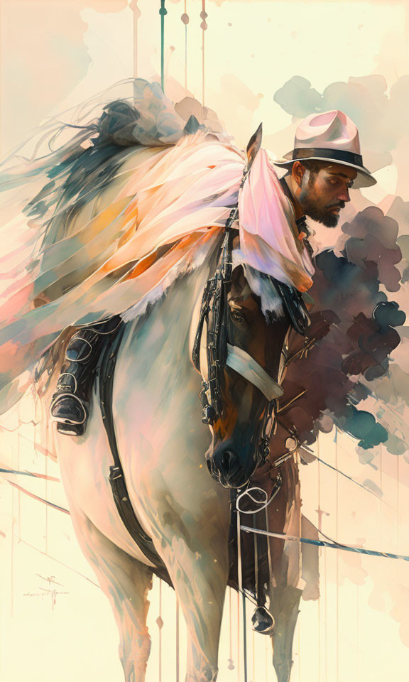 Abstract person in hat riding horse with harmonious blend of elements