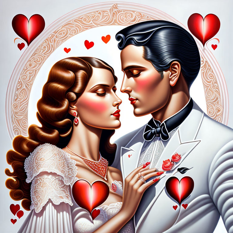 Romantic couple illustration with red hearts and elegant attire