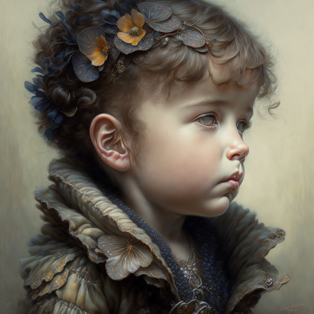 Child portrait with curly hair and butterfly accessories gazing sideways