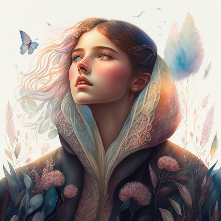 Young Woman with Pink Hair Surrounded by Butterflies and Flowers in Soft Pastel Colors