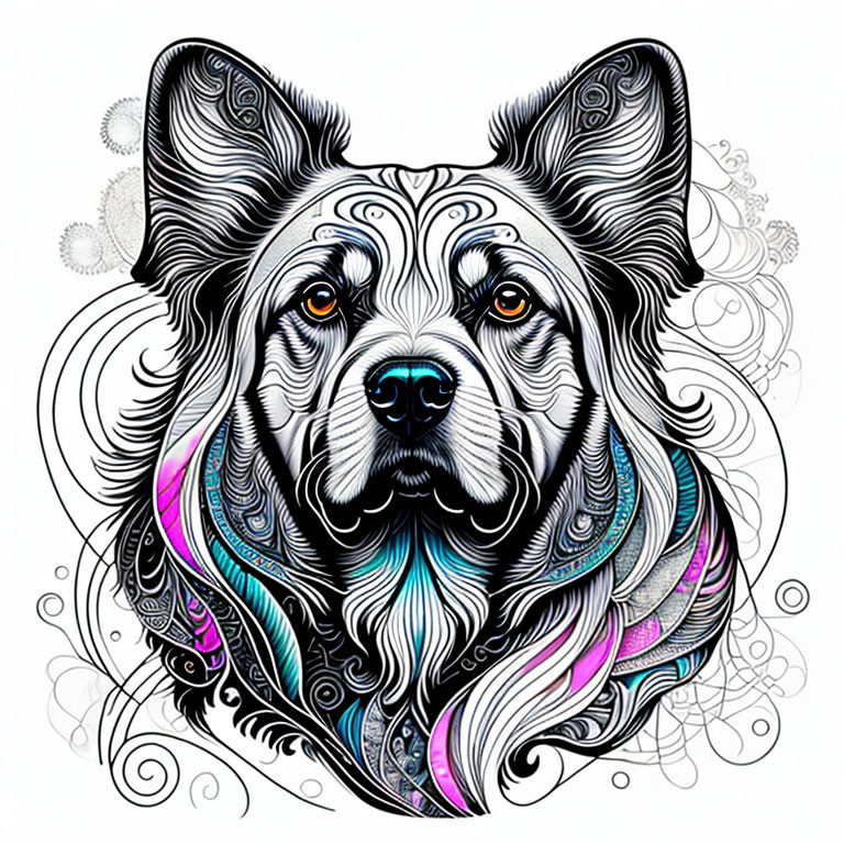 Intricate black, white, blue, and purple dog art on white background