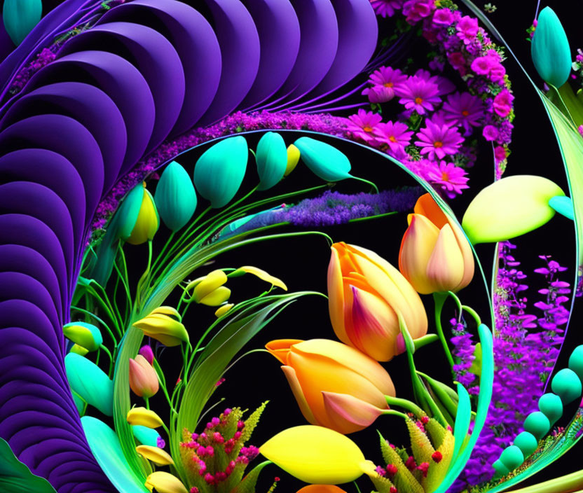 Colorful Neon Flower and Swirl Patterns on Black Background