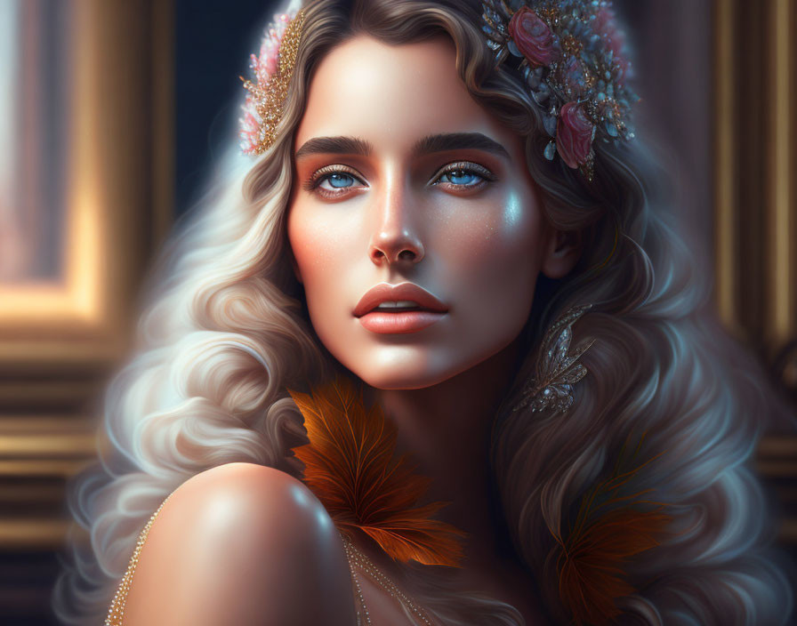 Blonde woman with blue eyes in floral headpiece