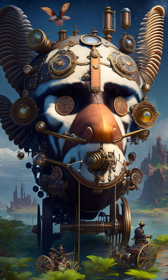 Surreal mechanical owl face art in fantasy landscape