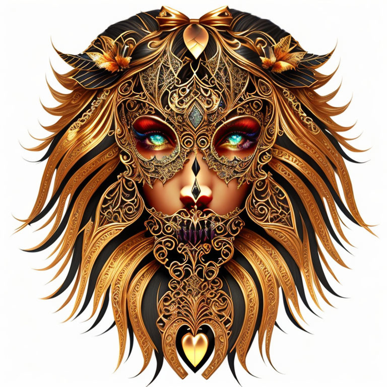 Intricate Golden Mask with Floral Patterns and Multicolored Eyes