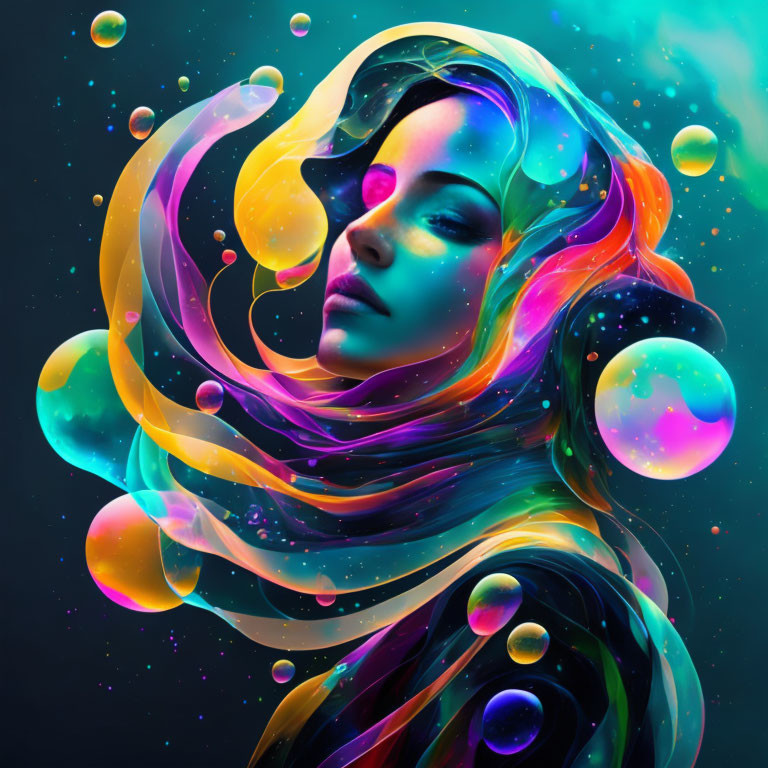 Colorful digital artwork of woman in cosmic setting