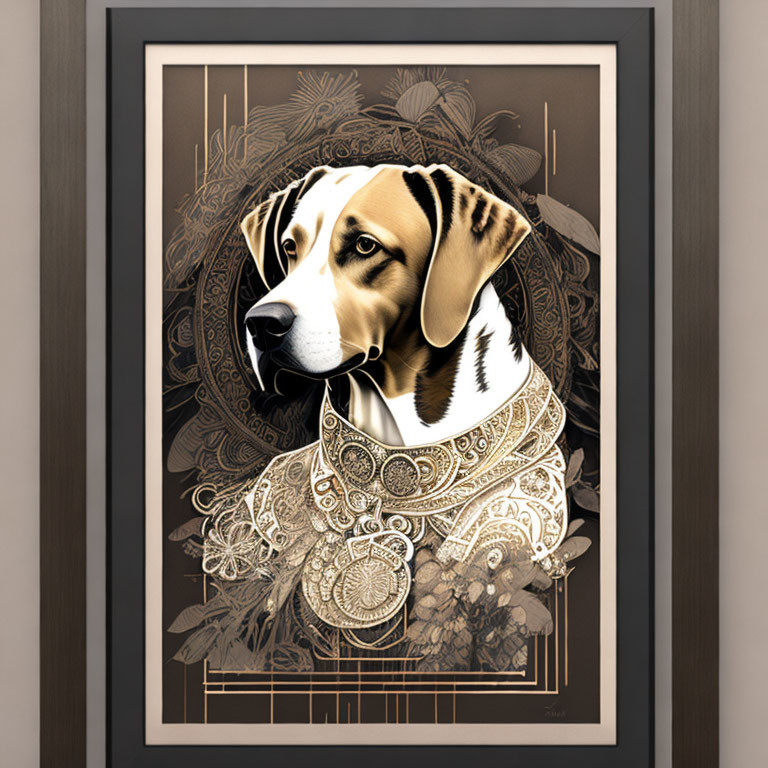 Beagle Artwork with Gold and White Patterns on Floral Background