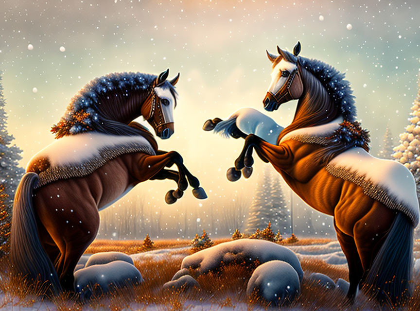 Brown Horses Touching Hooves in Snowy Pine Tree Landscape