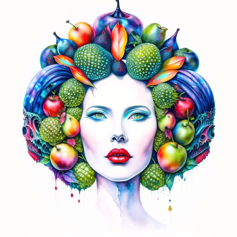 Vibrant surreal headdress with fruits and jewel accents