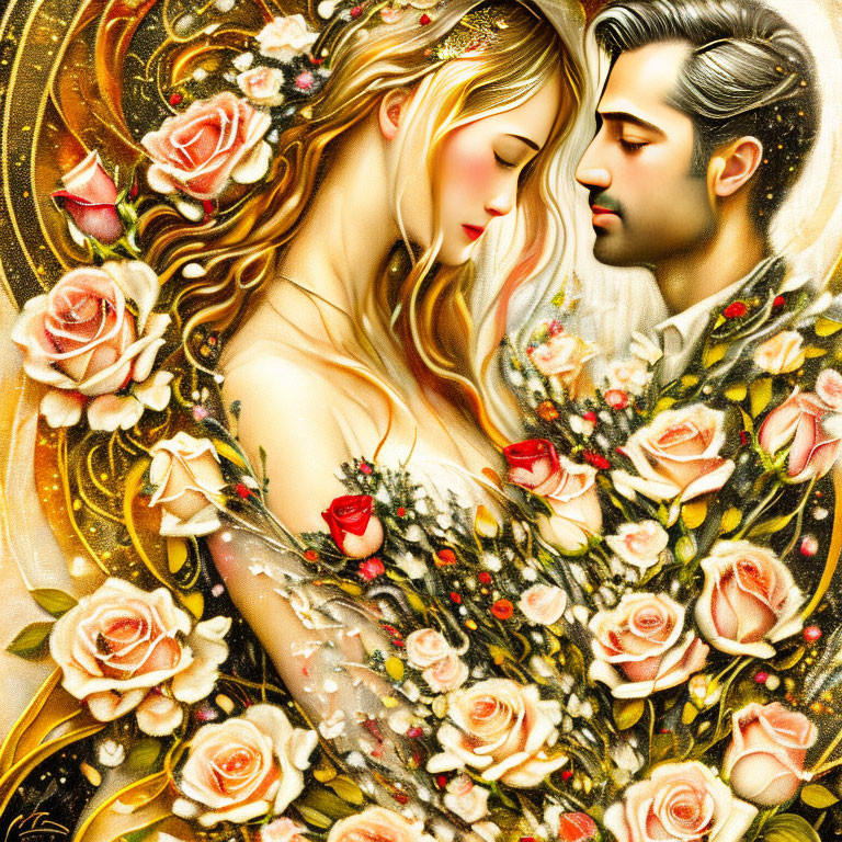 Stylized painting of man and woman embracing with intricate patterns and blooming roses