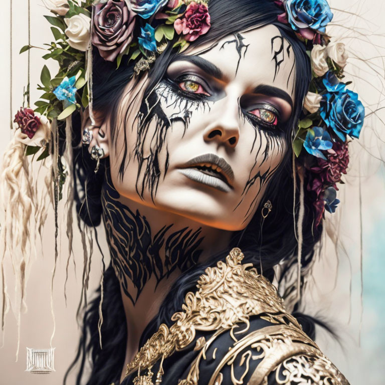 Intricate dark makeup and cracked porcelain body art with floral crown and golden garments