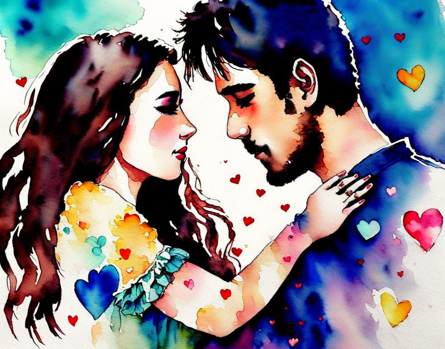 Romantic couple watercolor illustration with colorful hearts