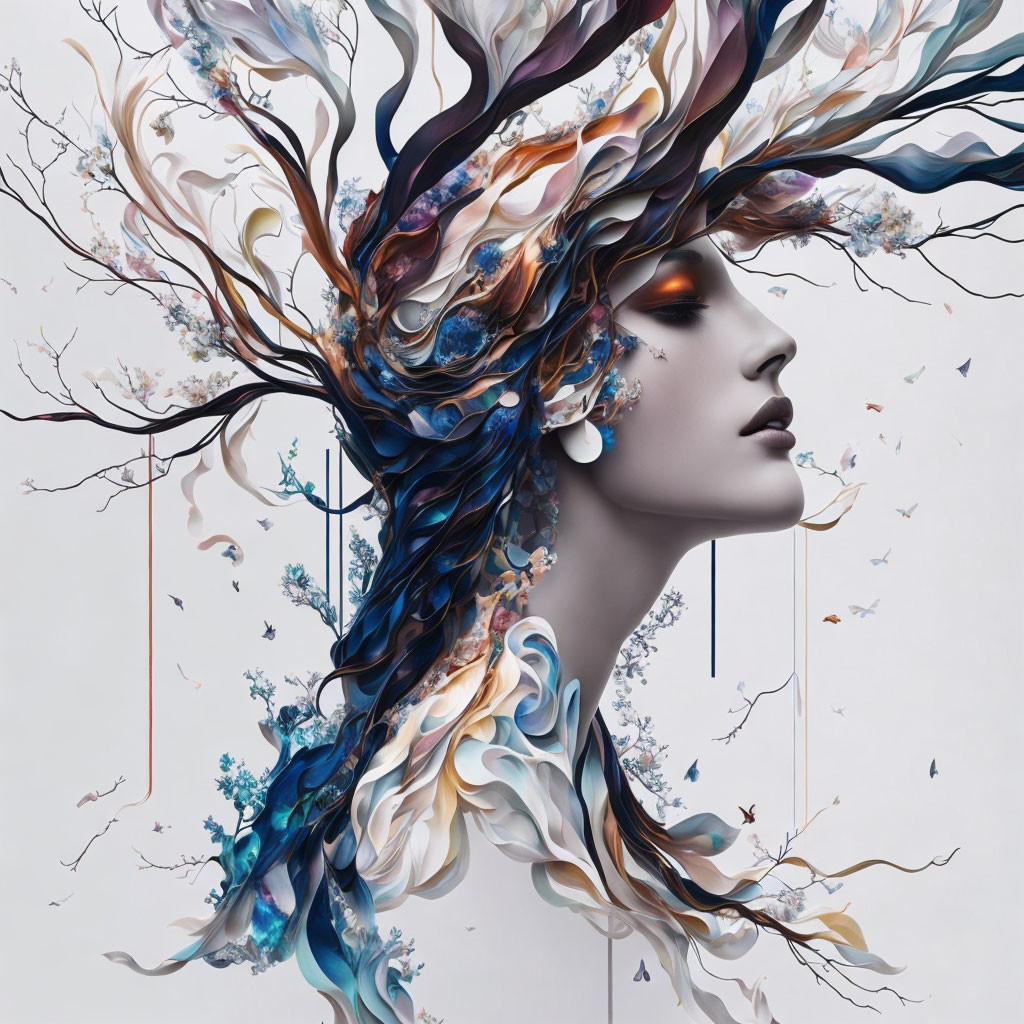 Woman depicted with flowing, tree-like hair and colorful swirls.