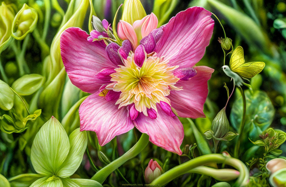 Detailed Pink and Yellow Flower in Lush Greenery