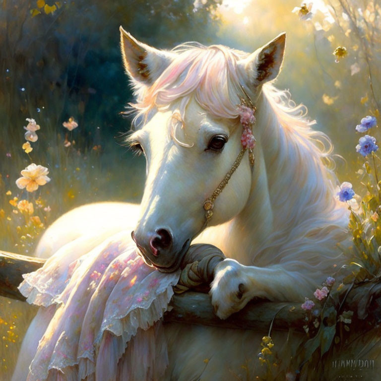 White horse with pink mane and jeweled flowers resting on wooden fence in sunlit meadow