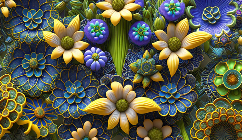 Colorful Floral Pattern in Blues, Yellows, and Greens