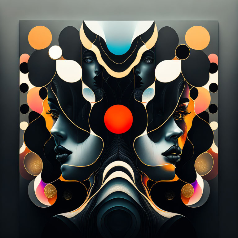 Symmetrical Faces in Abstract Art with Warm and Cool Tones and Geometric Shapes