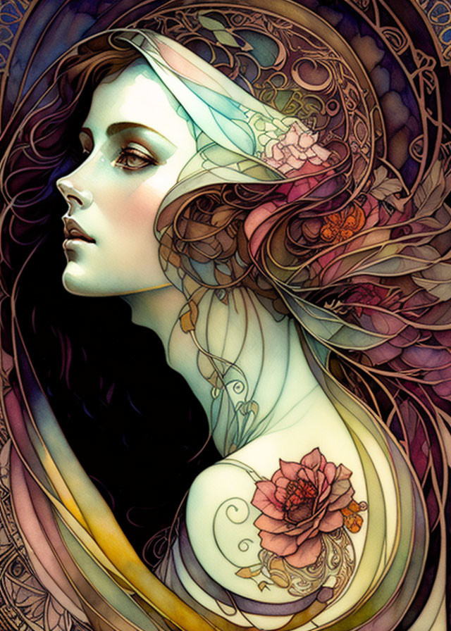 Ethereal Art Nouveau style woman with flowing floral hair in rich purples, reds