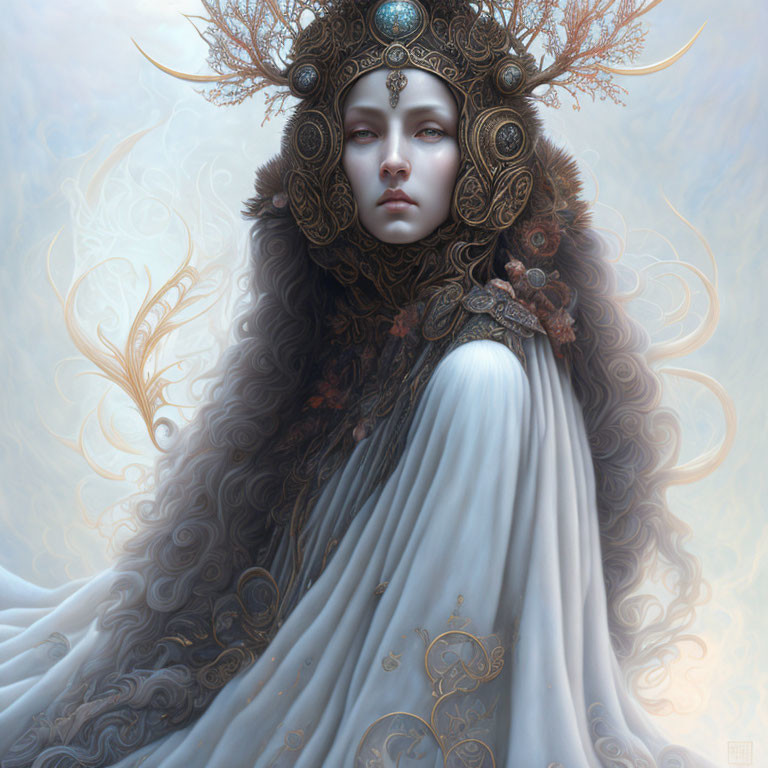 Intricate ornate headdress and delicate white cloak portrait