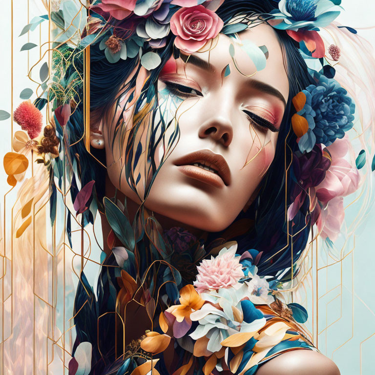 Surreal portrait of woman with closed eyes and floral hair.