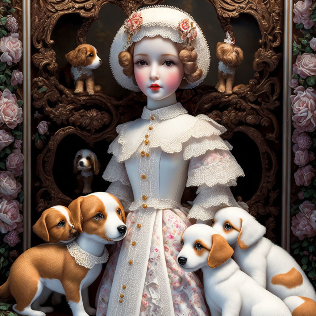 Vintage-style illustration: Porcelain lady with puppies in ornate floral setting