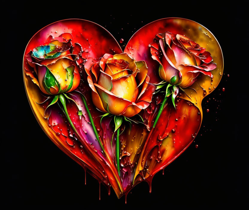 Colorful heart and roses art on dark backdrop