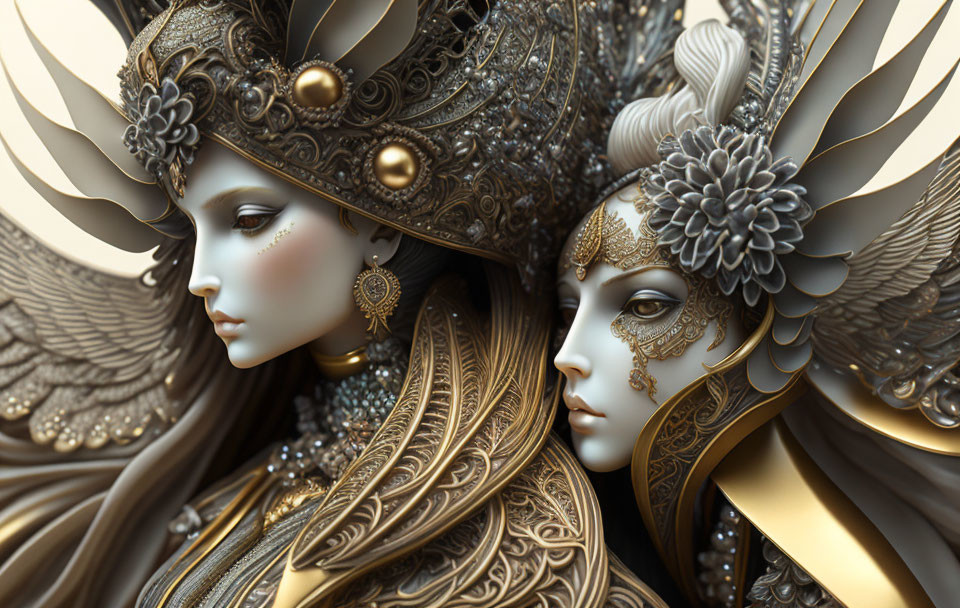 Intricately adorned female figures with elaborate headdresses and golden masks