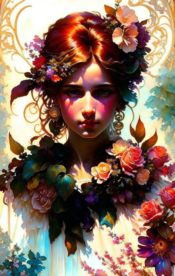 Colorful Woman with Floral Crown and Garland in Detailed Lighting