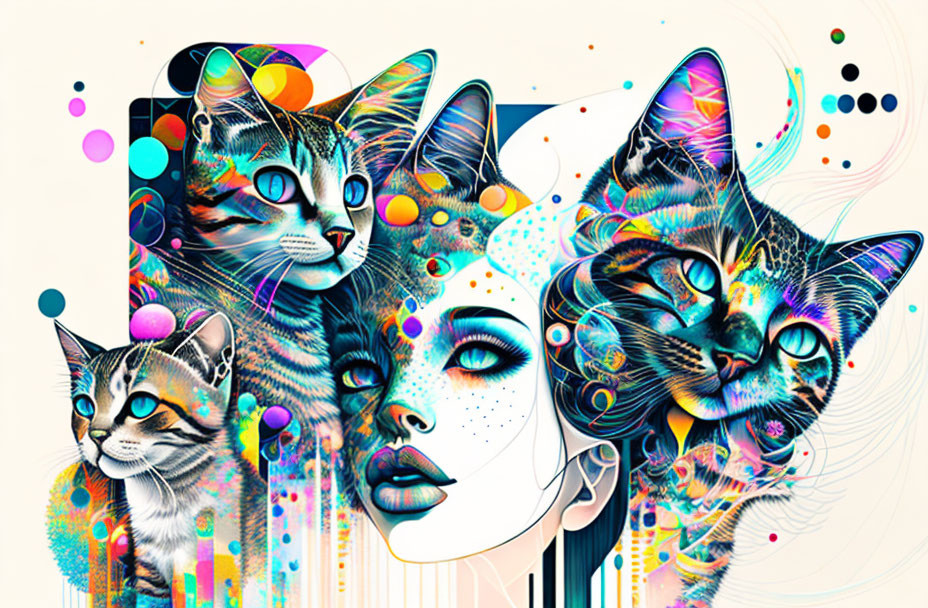 Digital Art: Female Portraits with Cat Features in Colorful Abstract Design