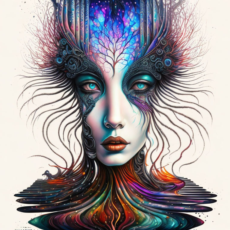 Woman with Galaxy-Themed Makeup and Ornate Headpiece in Surreal Art