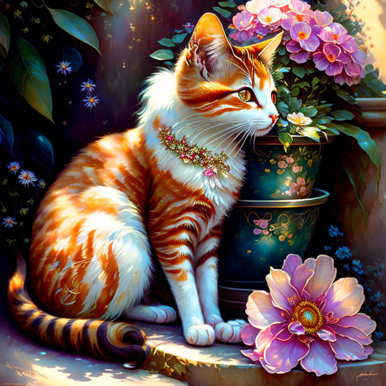 Floral Necklace Cat Surrounded by Purple Blooms in Magical Garden