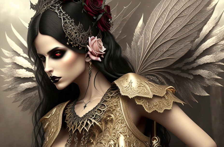 Fantasy-themed image of woman with dark hair, gold shoulder piece, crown with roses, and feather