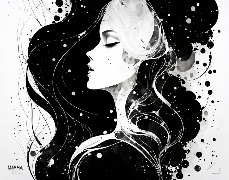 Monochrome woman profile illustration with cosmic and splatter elements