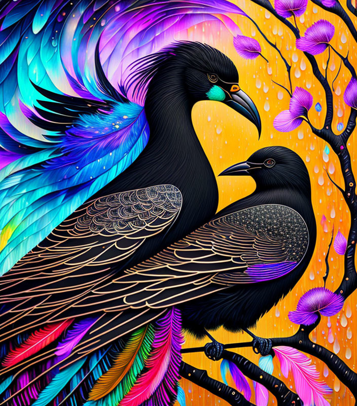 Stylized ravens with intricate feather patterns on colorful backdrop