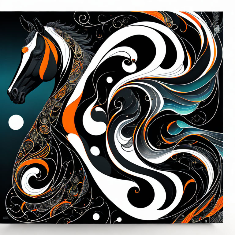 Abstract horse illustration with black and white swirls and orange accents on a yin-yang background