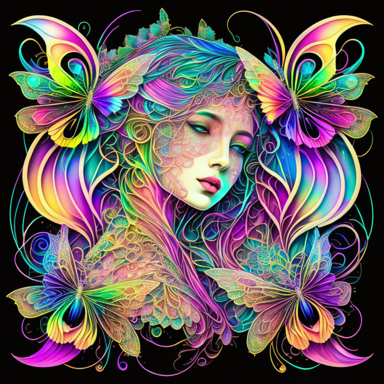 Colorful Woman with Butterfly Wings Illustration in Rich Neon Tones