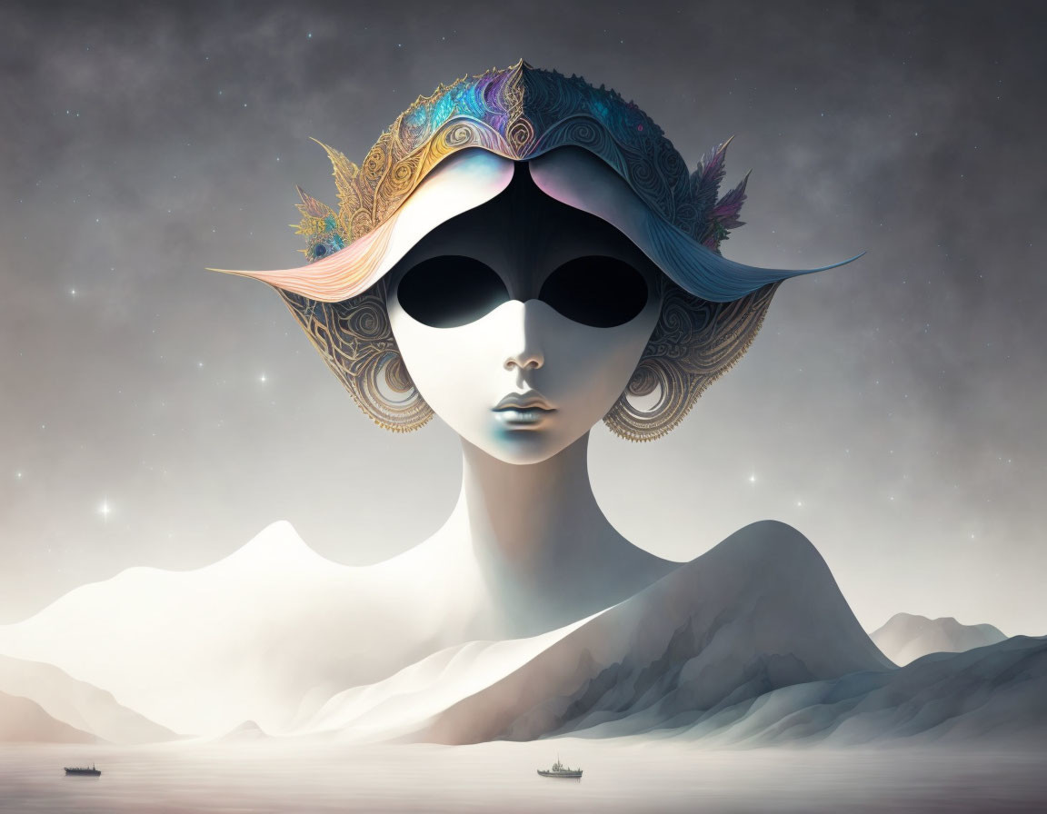 Surreal portrait with ornate headdress and sunglasses in serene landscape